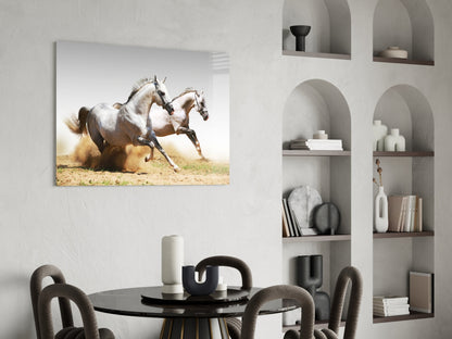 Two White Horses Dust Gallop Glass Wall Art