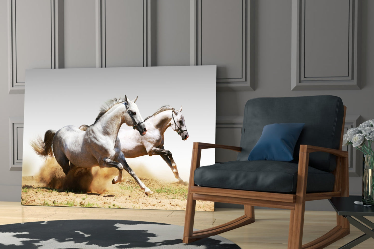 Two White Horses Dust Gallop Glass Wall Art