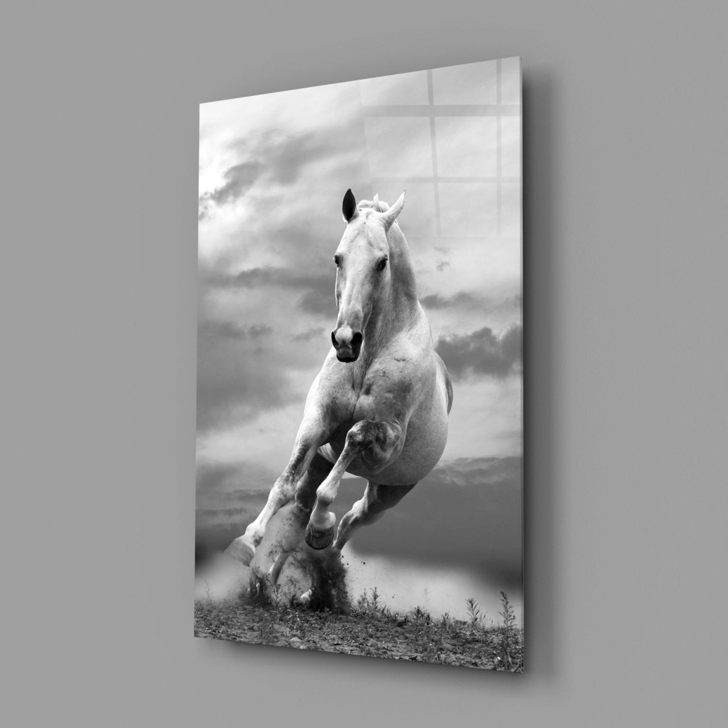 Tall White Stallion In Motion Glass Wall Art