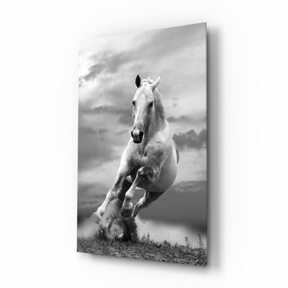 Tall White Stallion In Motion Glass Wall Art