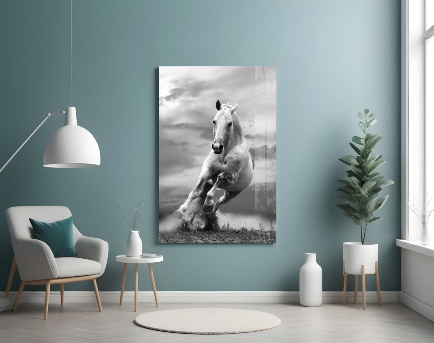 Tall White Stallion In Motion Glass Wall Art