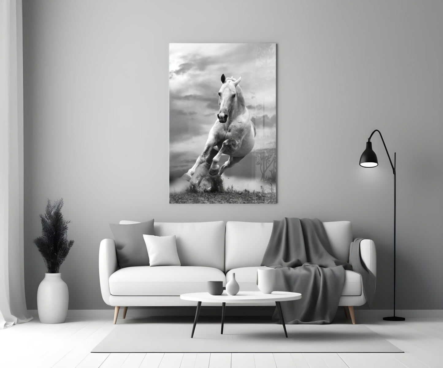 Tall White Stallion In Motion Glass Wall Art