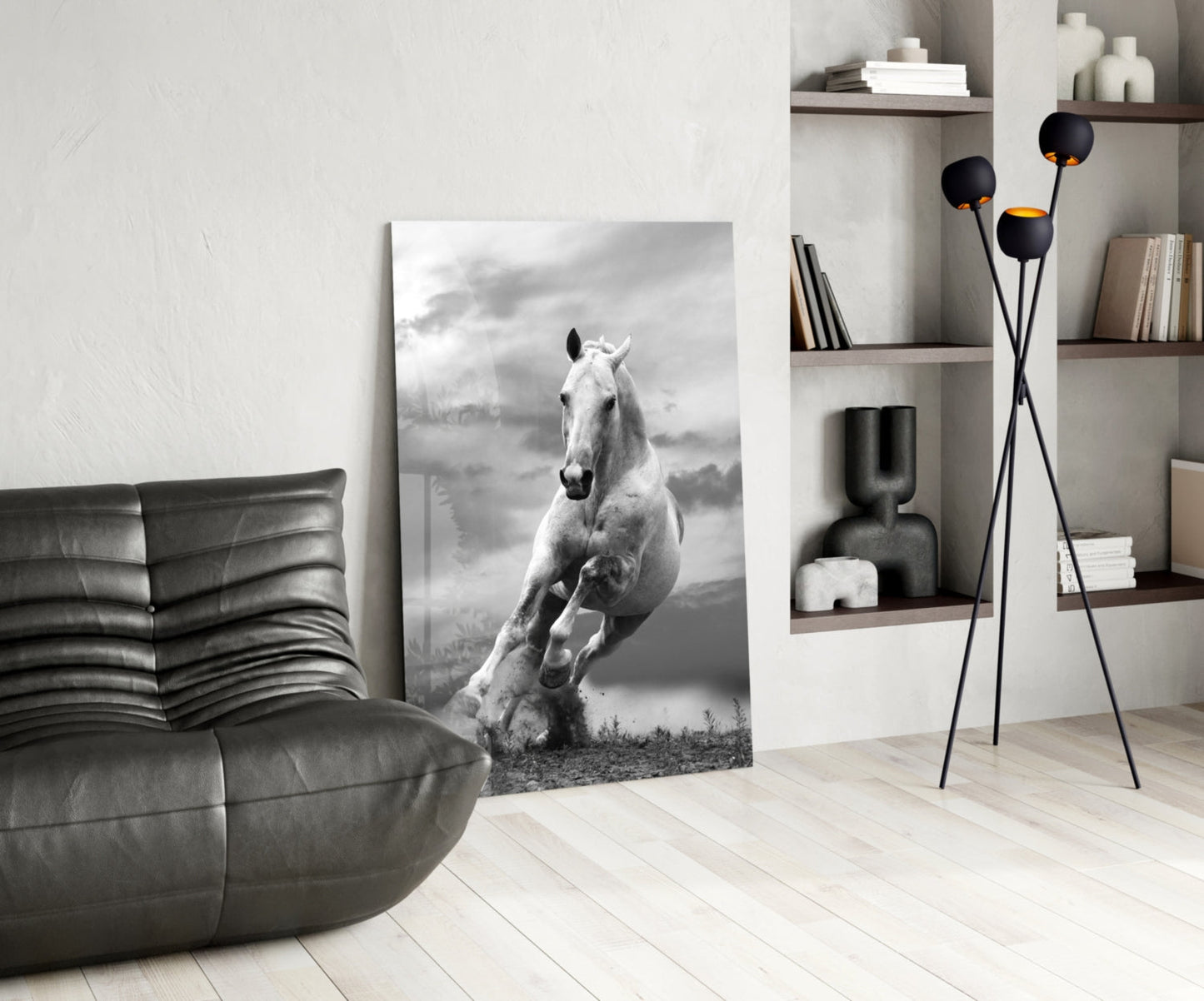 Tall White Stallion In Motion Glass Wall Art