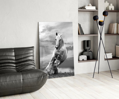 Tall White Stallion In Motion Glass Wall Art