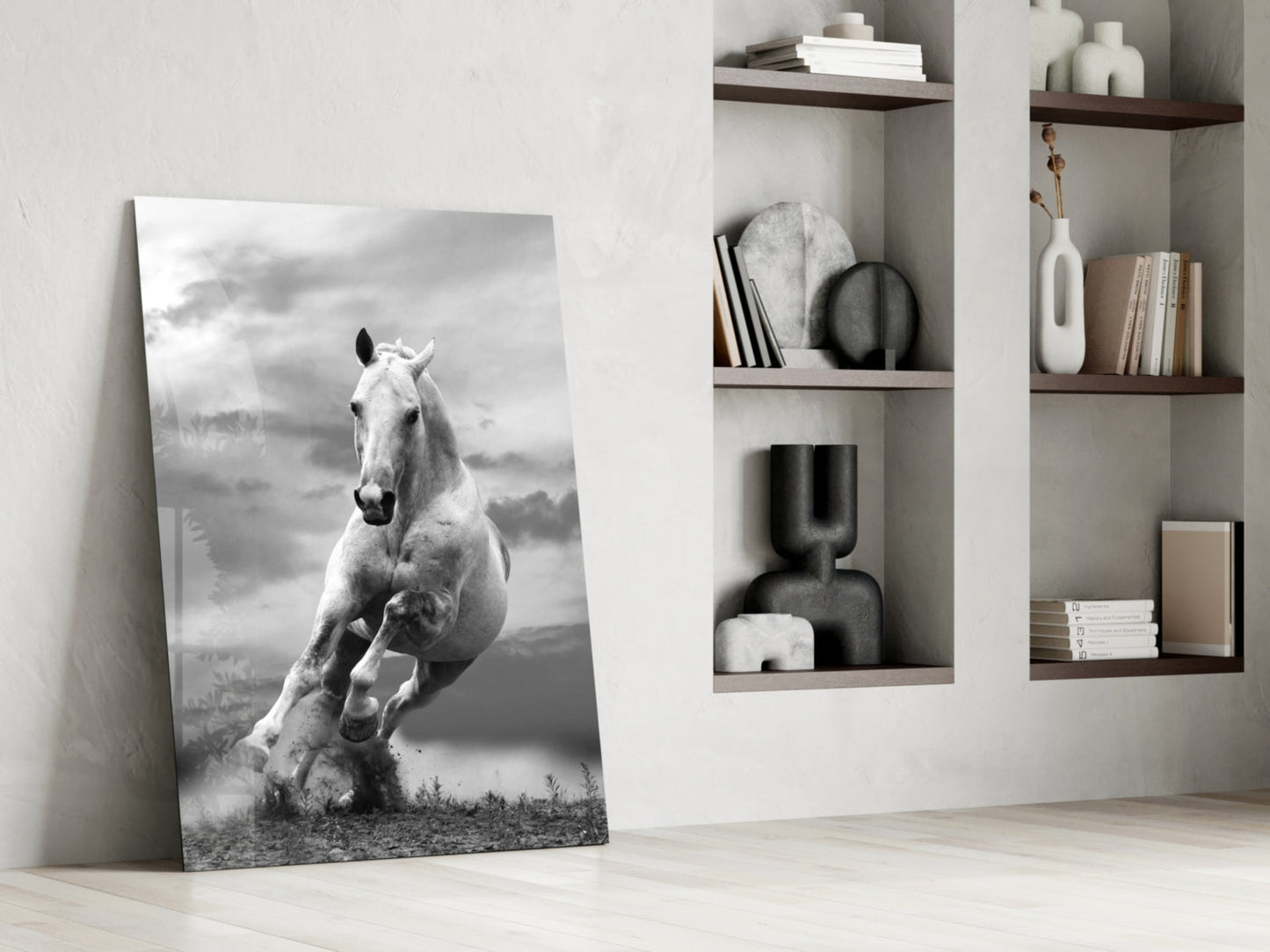 Tall White Stallion In Motion Glass Wall Art