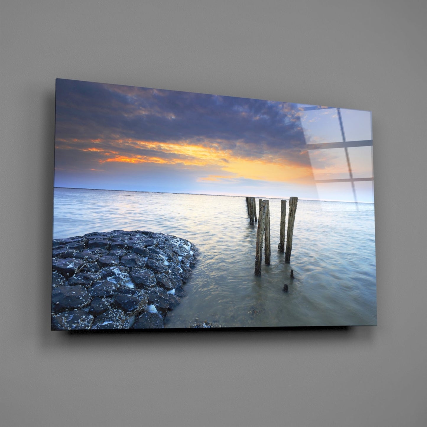 Weathered Pier Posts Calm Sea Landscape Glass Wall Art