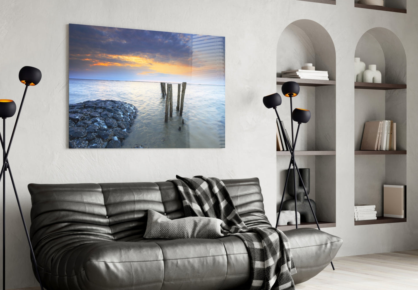Weathered Pier Posts Calm Sea Landscape Glass Wall Art