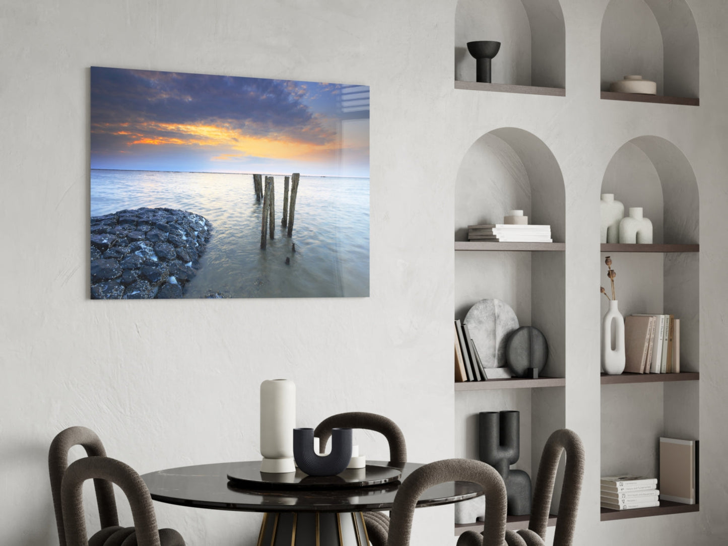 Weathered Pier Posts Calm Sea Landscape Glass Wall Art