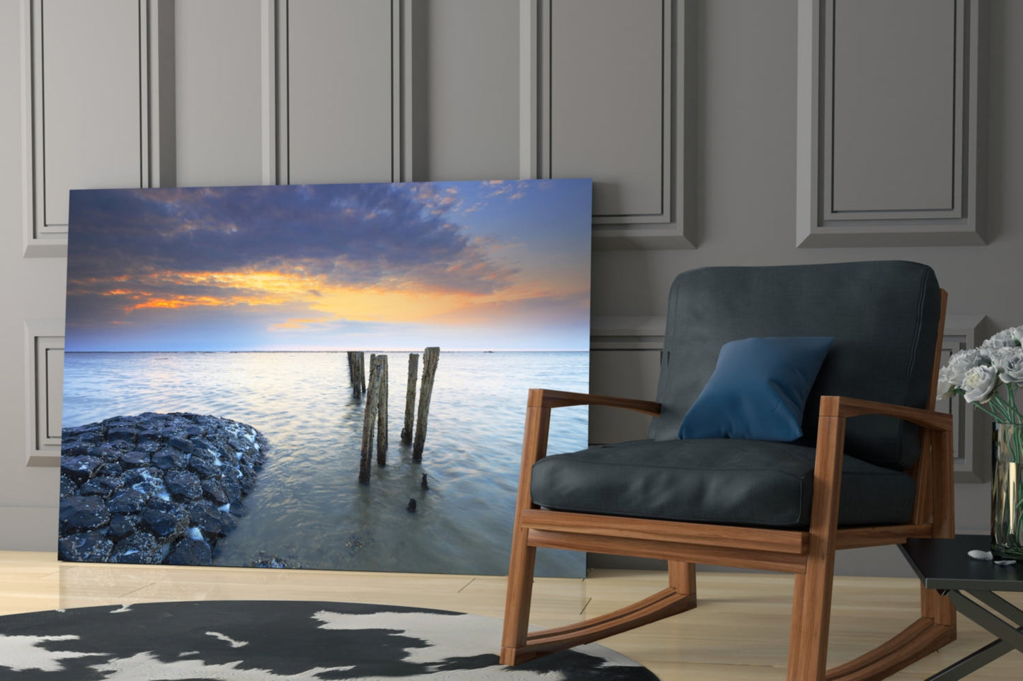 Weathered Pier Posts Calm Sea Landscape Glass Wall Art