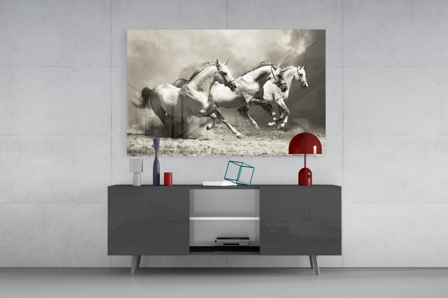 Three Gray Horses Sepia Run Glass Wall Art