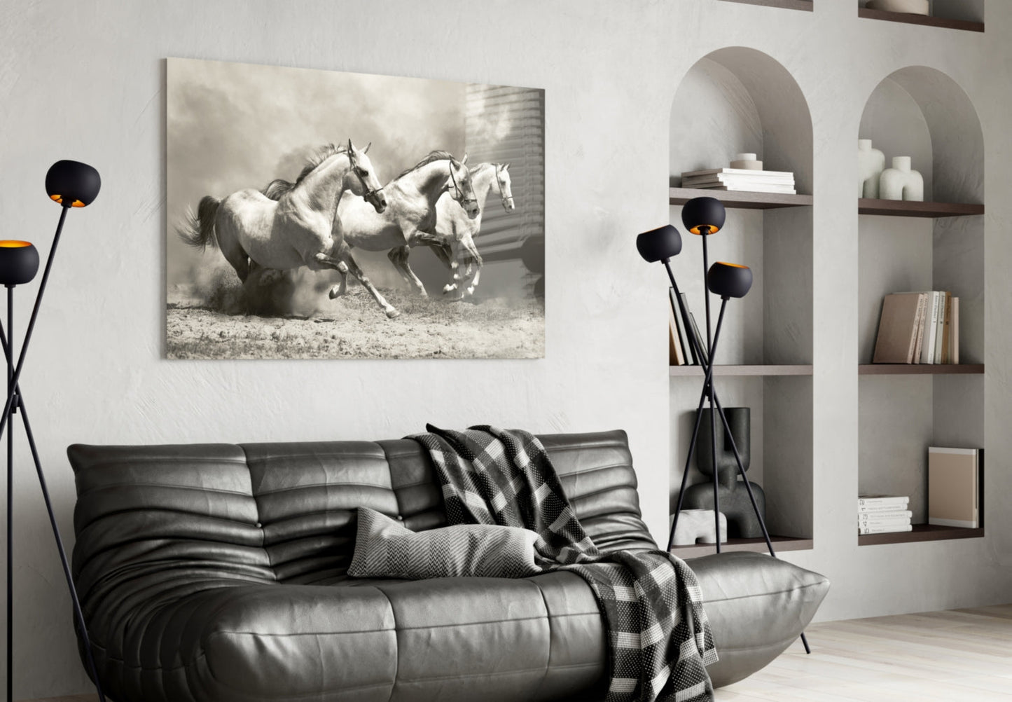 Three Gray Horses Sepia Run Glass Wall Art
