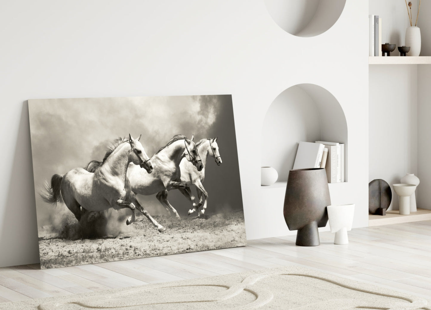 Three Gray Horses Sepia Run Glass Wall Art