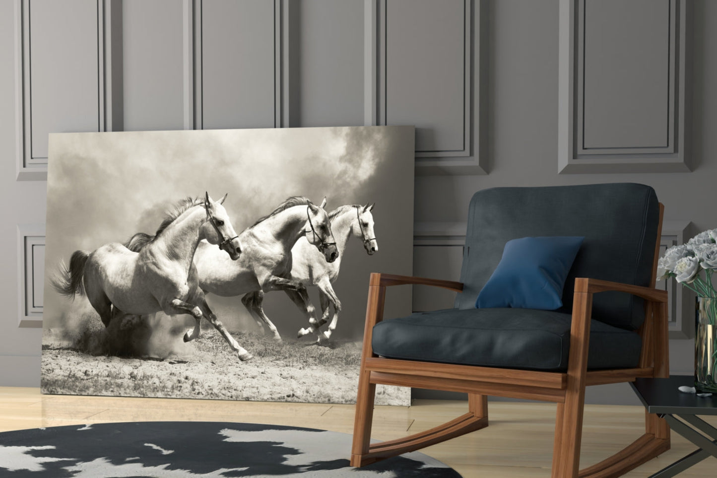 Three Gray Horses Sepia Run Glass Wall Art