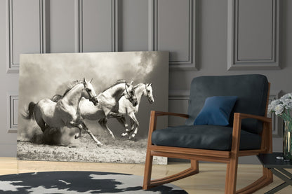 Three Gray Horses Sepia Run Glass Wall Art