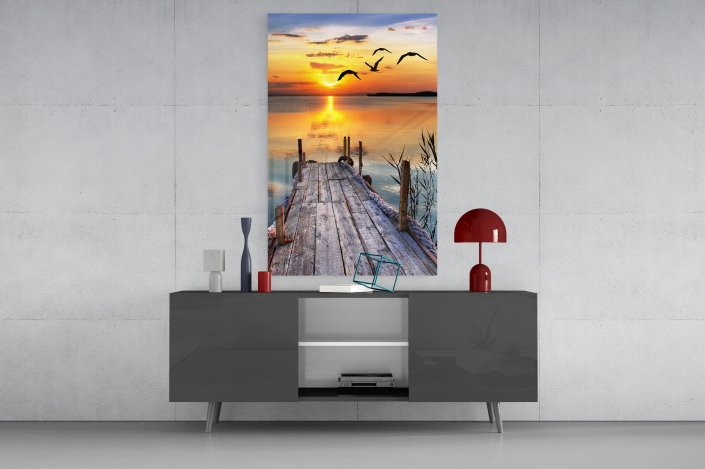 Golden Sun and Seagulls Over Dock Glass Wall Art