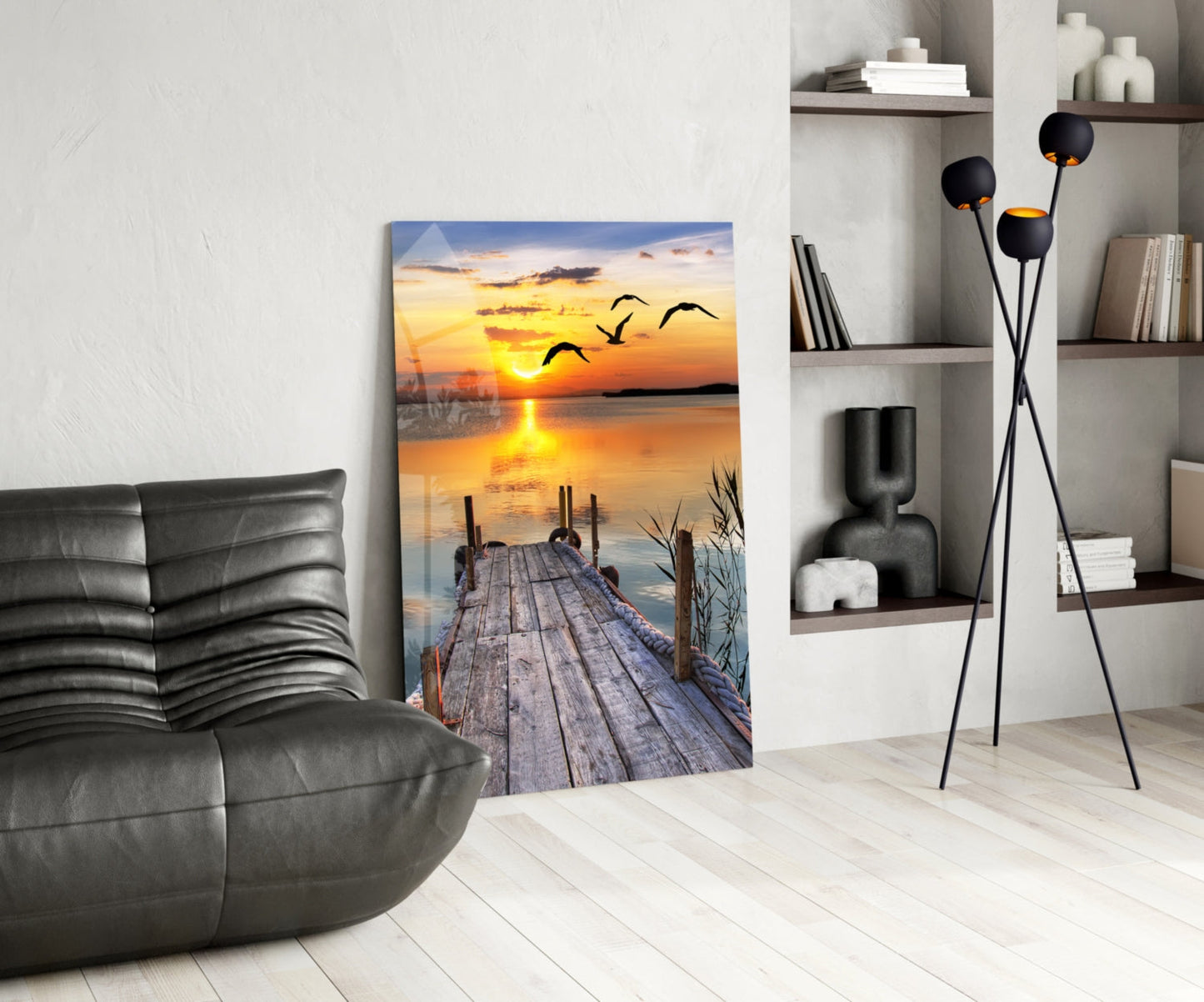 Golden Sun and Seagulls Over Dock Glass Wall Art