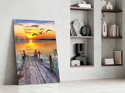 Golden Sun and Seagulls Over Dock Glass Wall Art