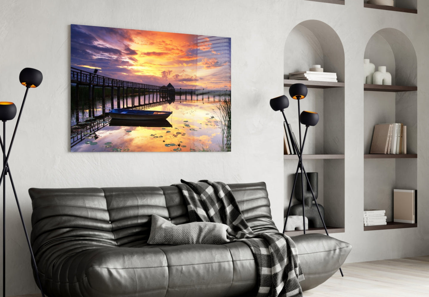 Rowboat by Pier Under Fiery Clouds Glass Wall Art