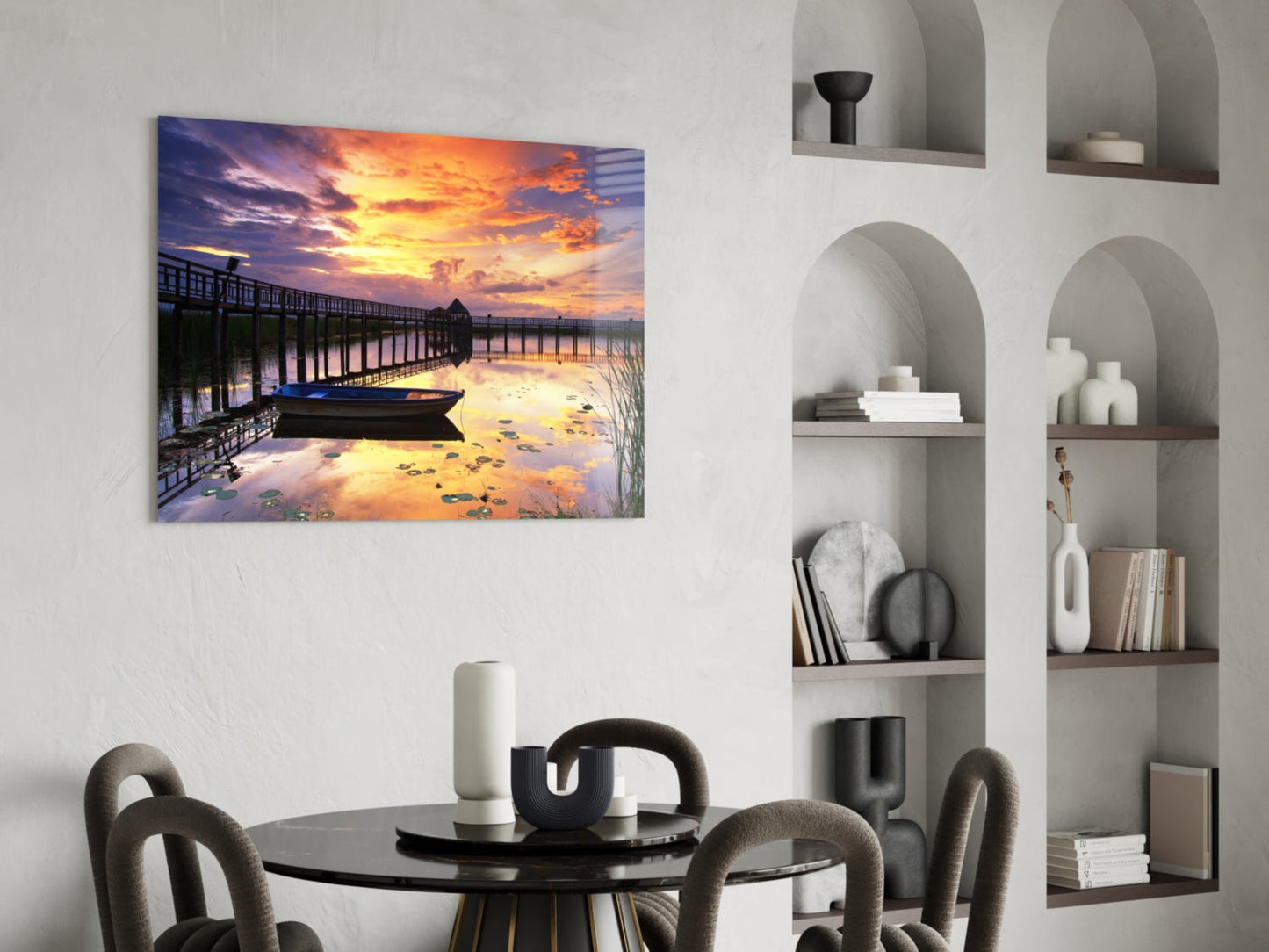 Rowboat by Pier Under Fiery Clouds Glass Wall Art