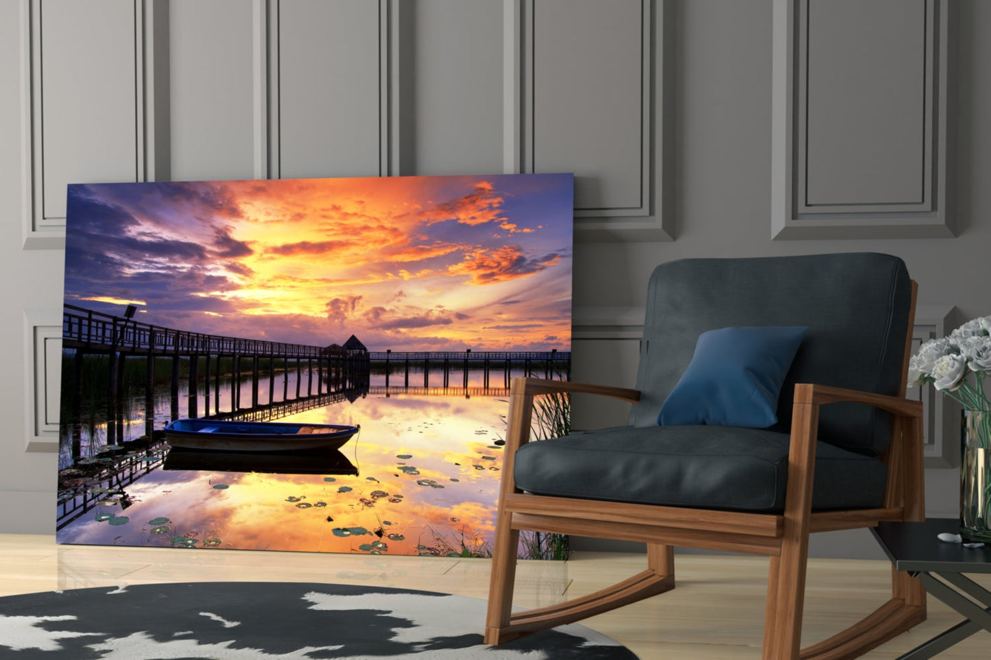 Rowboat by Pier Under Fiery Clouds Glass Wall Art
