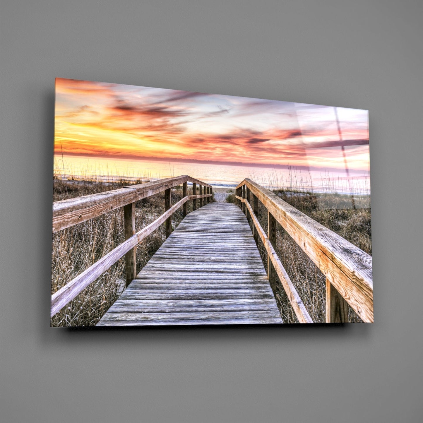 Beach Boardwalk Through Dunes Pink Sky Glass Wall Art
