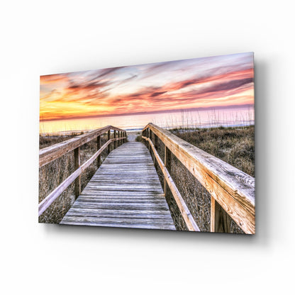 Beach Boardwalk Through Dunes Pink Sky Glass Wall Art