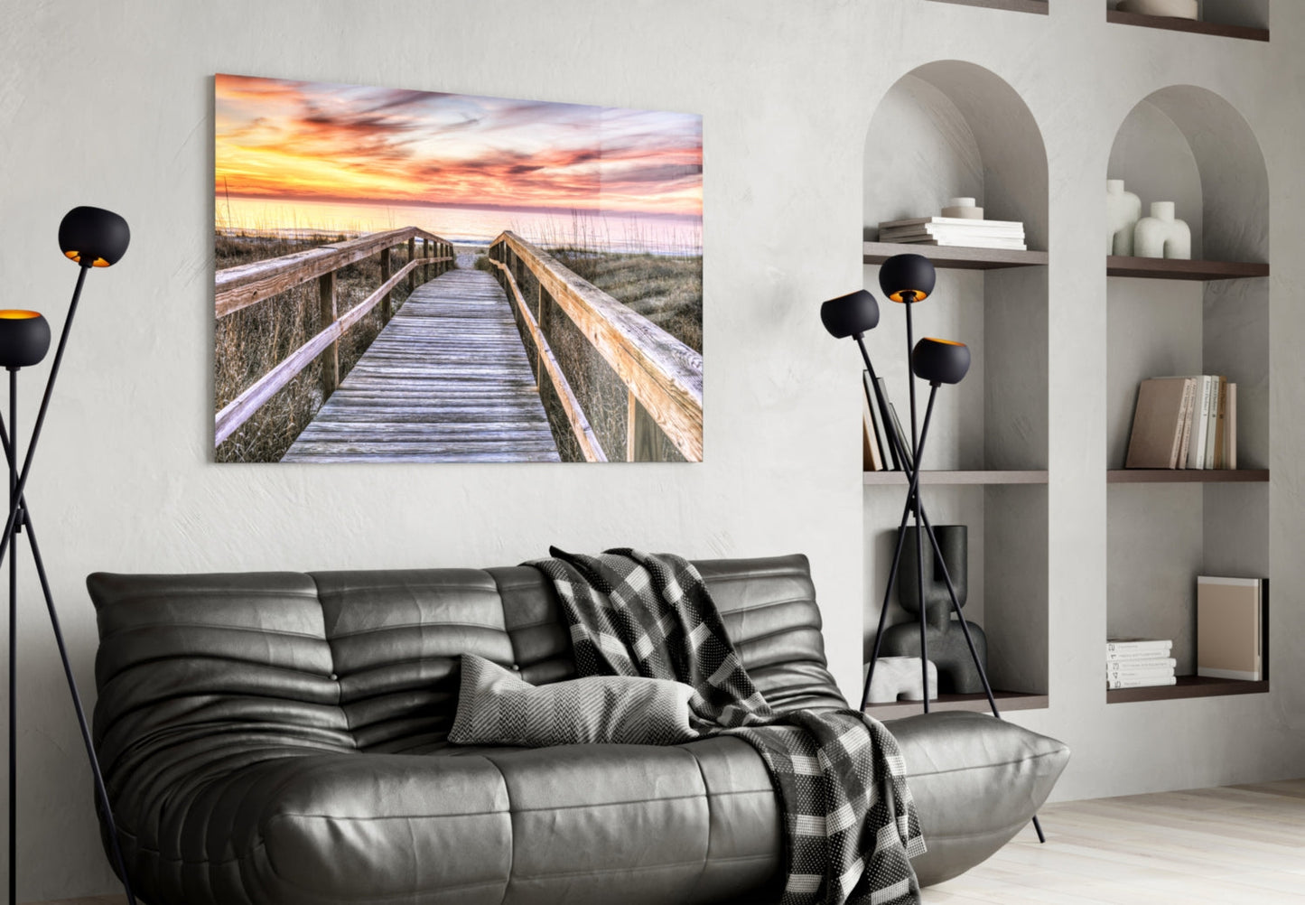 Beach Boardwalk Through Dunes Pink Sky Glass Wall Art