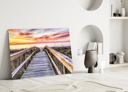 Beach Boardwalk Through Dunes Pink Sky Glass Wall Art