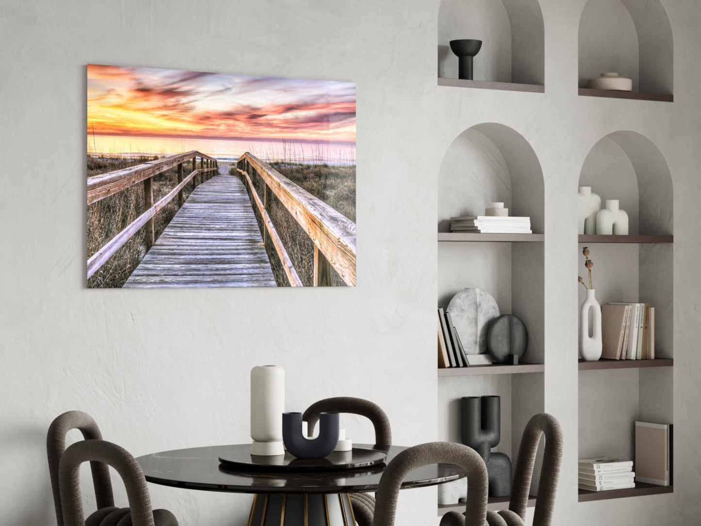 Beach Boardwalk Through Dunes Pink Sky Glass Wall Art