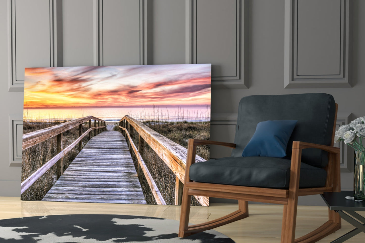 Beach Boardwalk Through Dunes Pink Sky Glass Wall Art