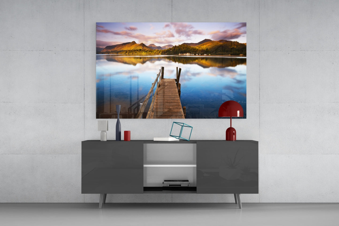 Wooden Jetty Into Still Lake Glass Wall Art