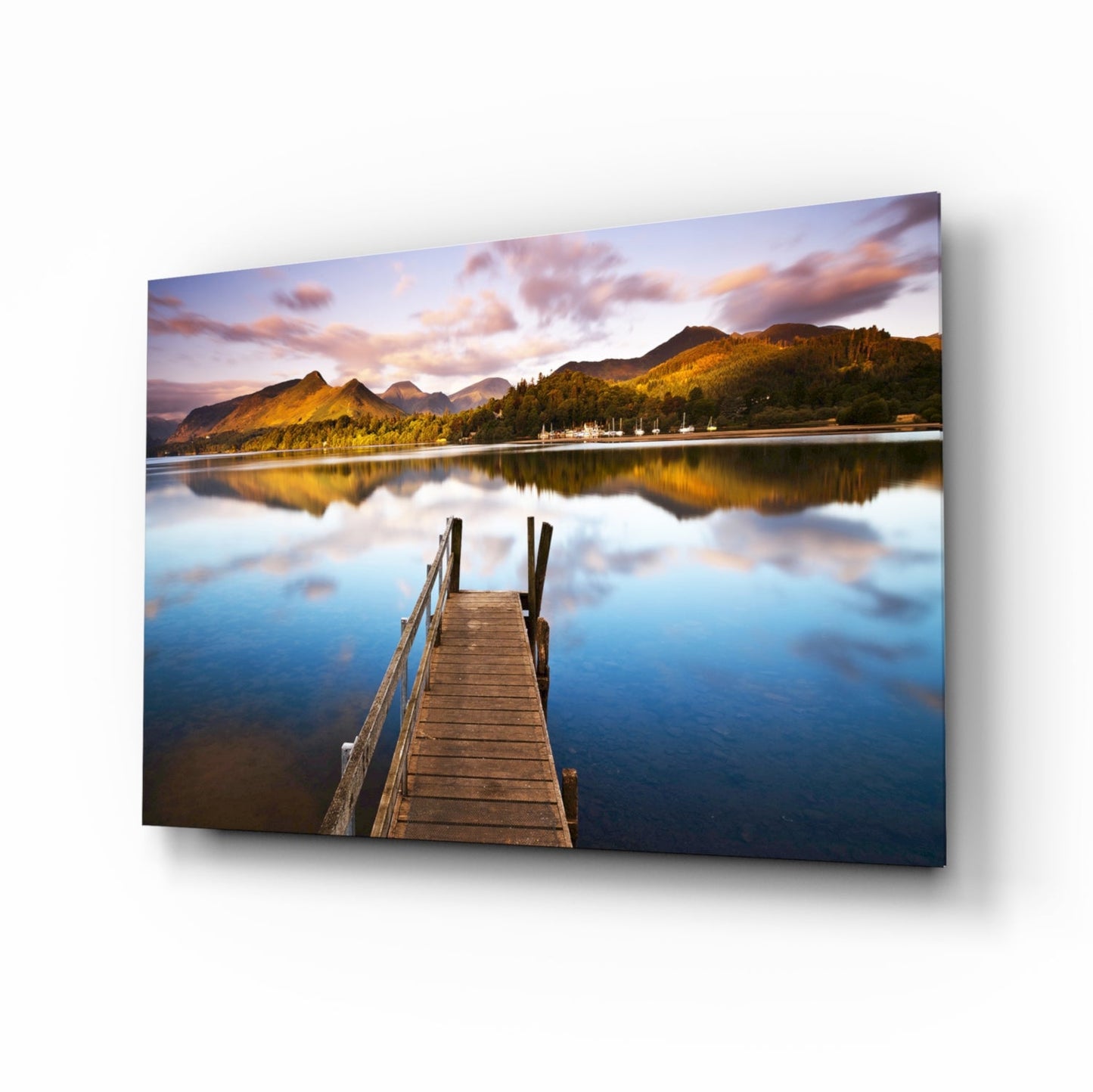 Wooden Jetty Into Still Lake Glass Wall Art