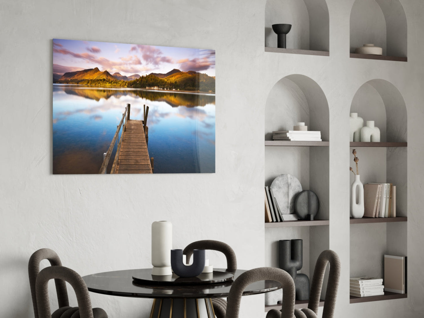 Wooden Jetty Into Still Lake Glass Wall Art