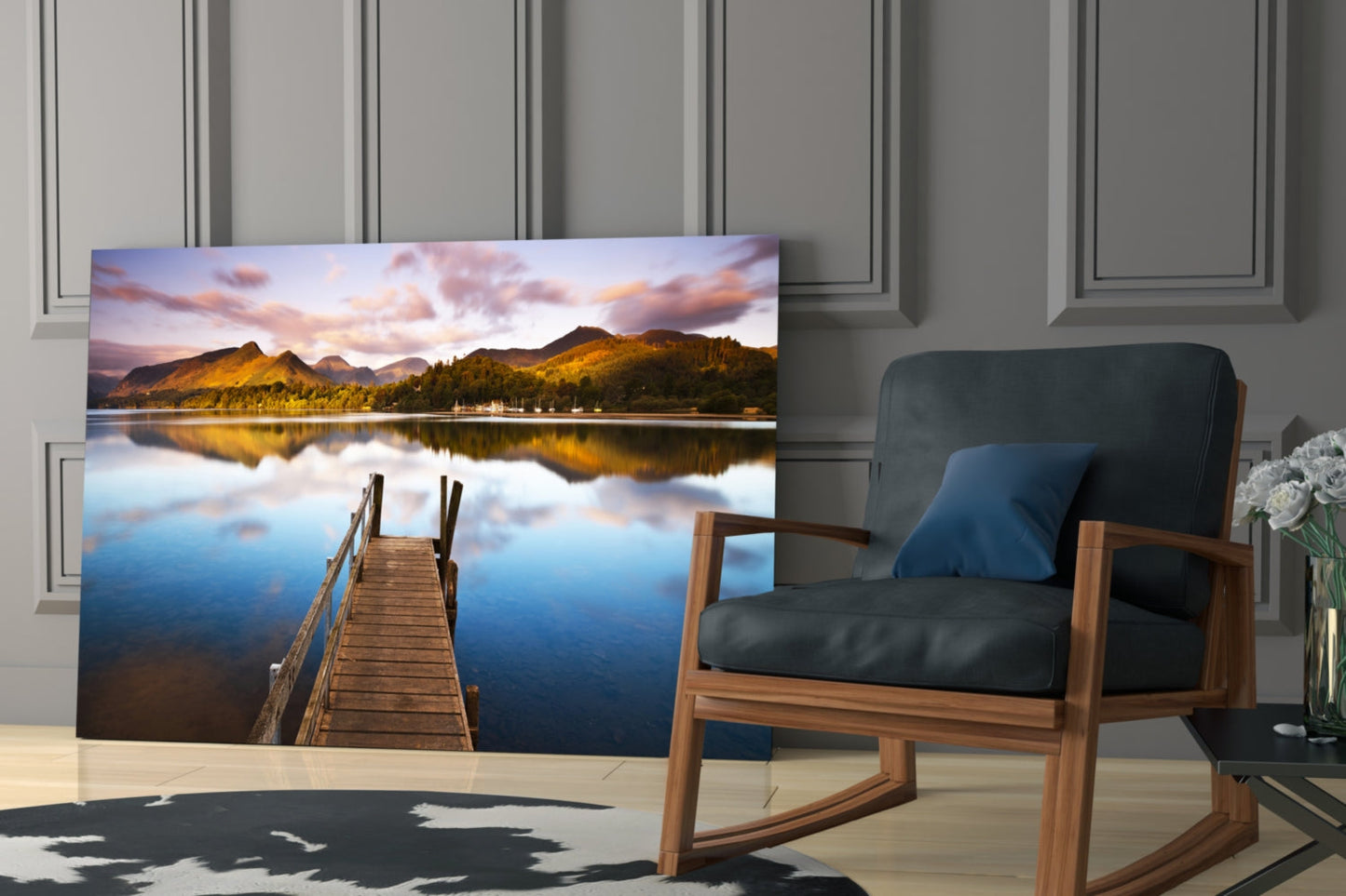 Wooden Jetty Into Still Lake Glass Wall Art