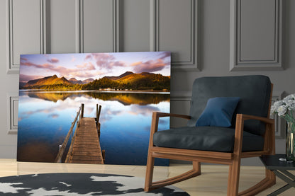 Wooden Jetty Into Still Lake Glass Wall Art