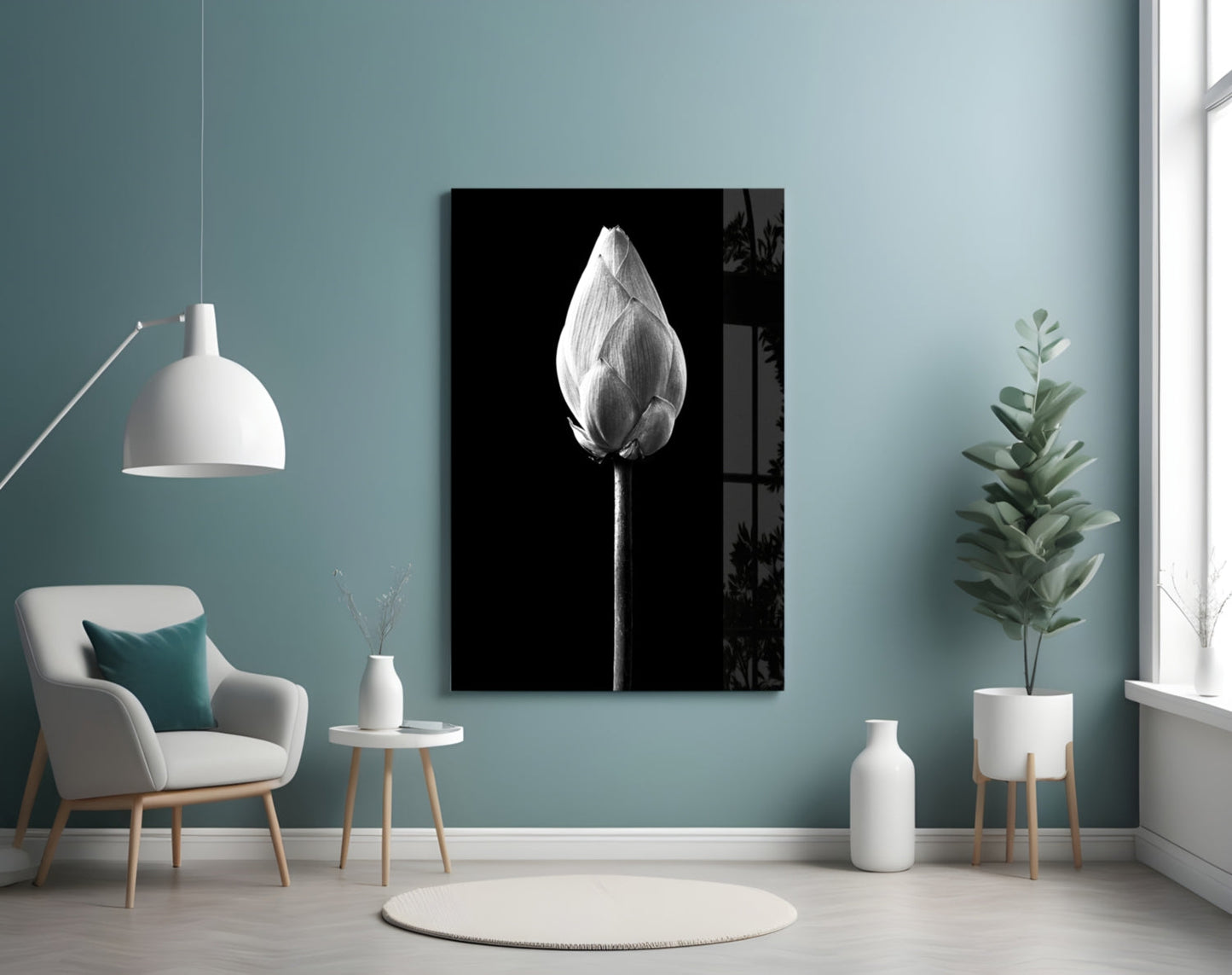 Monochrome Lotus Bud Glass Wall Art