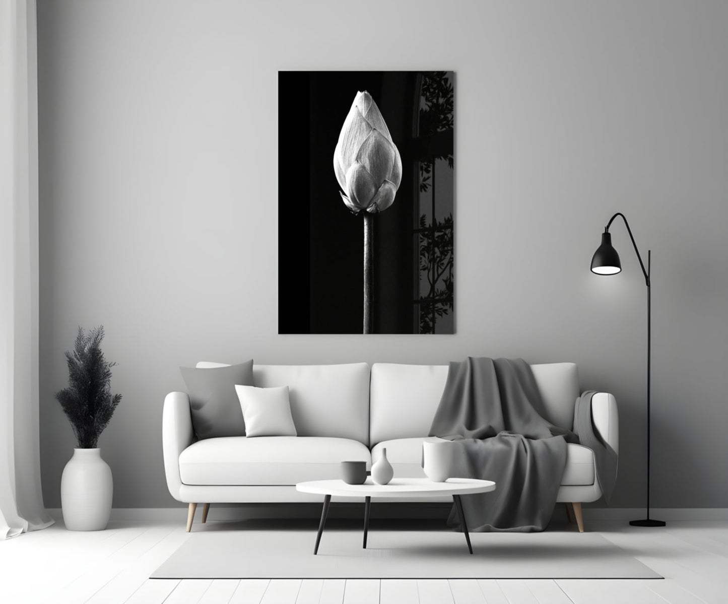 Monochrome Lotus Bud Glass Wall Art