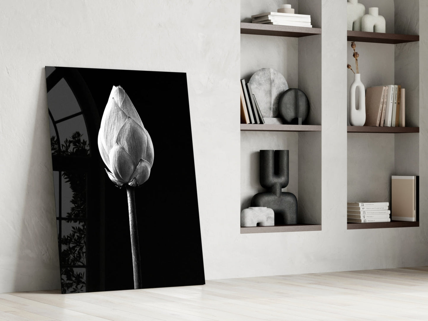 Monochrome Lotus Bud Glass Wall Art