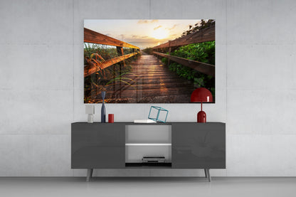 Beach Boardwalk Path Sunset Glass Wall Art