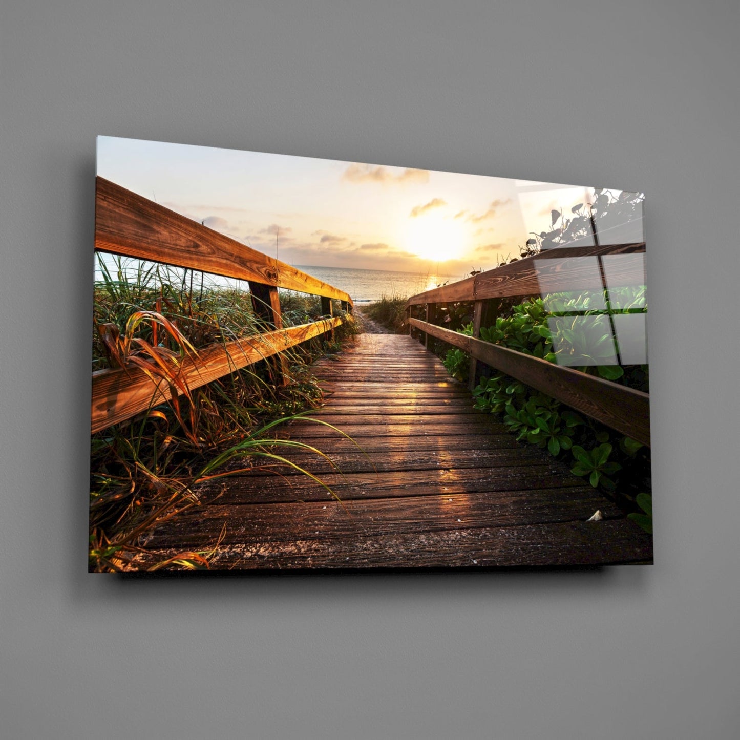Beach Boardwalk Path Sunset Glass Wall Art