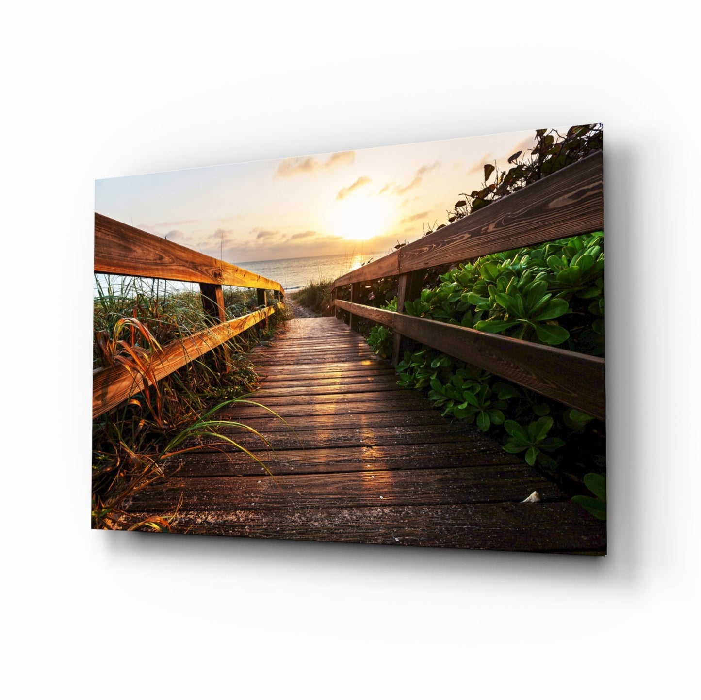 Beach Boardwalk Path Sunset Glass Wall Art