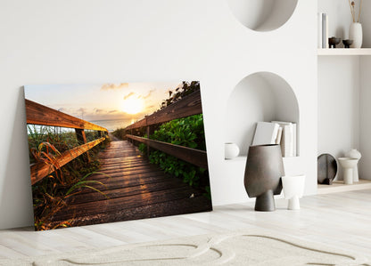 Beach Boardwalk Path Sunset Glass Wall Art