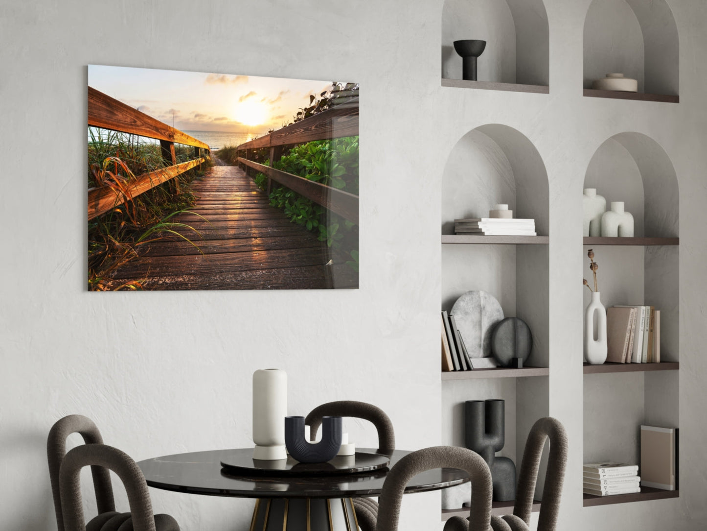 Beach Boardwalk Path Sunset Glass Wall Art