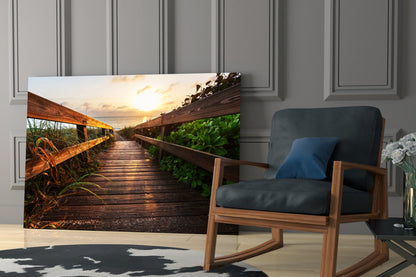 Beach Boardwalk Path Sunset Glass Wall Art