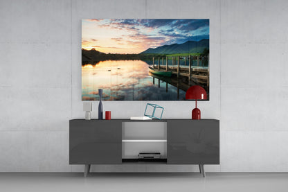 Green Canoe At Dusk Lake Dock Glass Wall Art