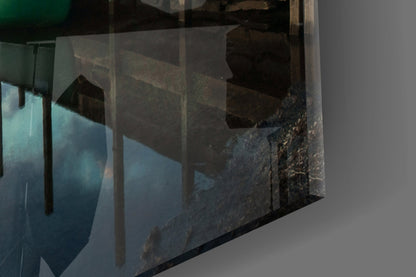 Green Canoe At Dusk Lake Dock Glass Wall Art