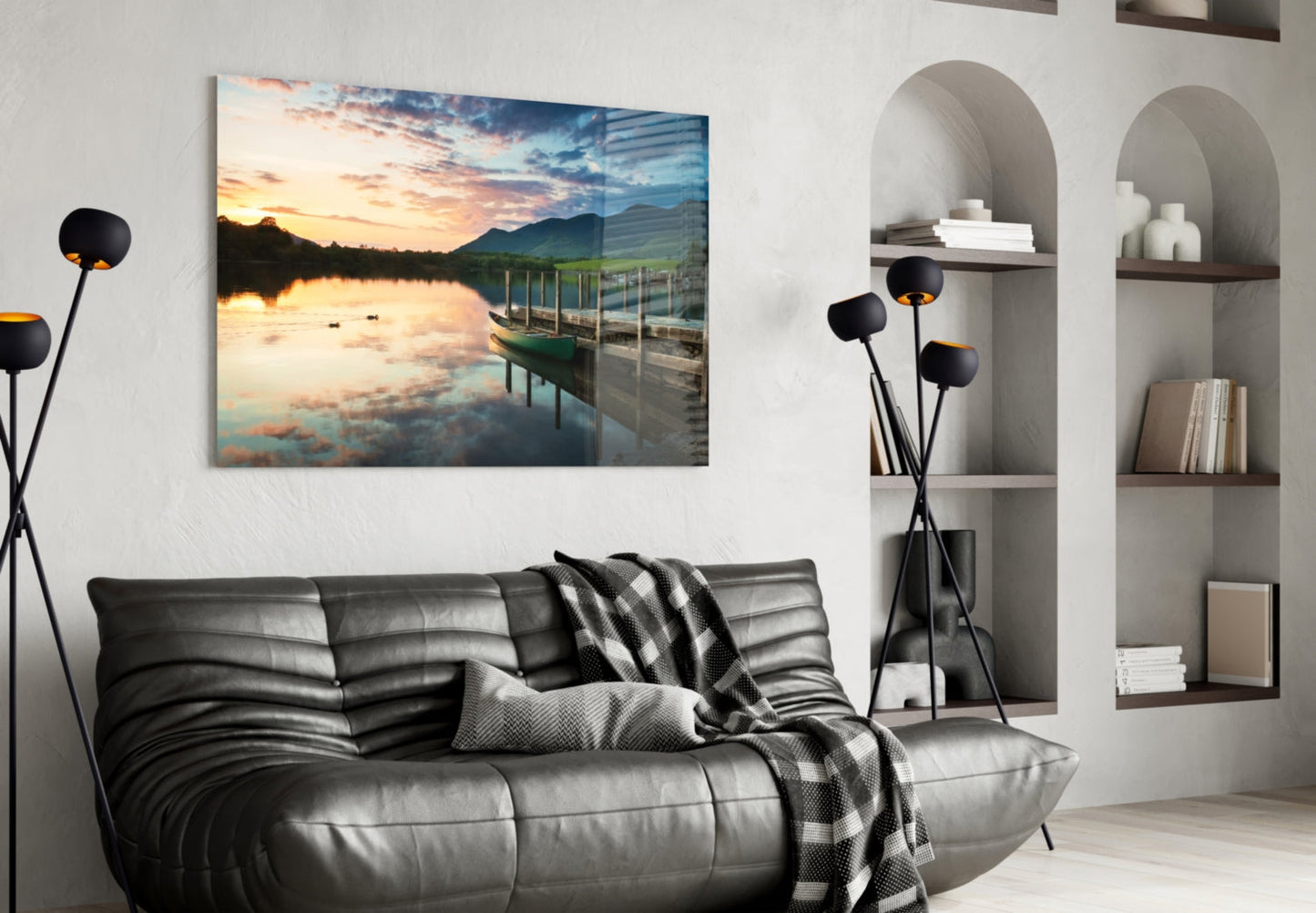 Green Canoe At Dusk Lake Dock Glass Wall Art