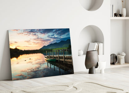 Green Canoe At Dusk Lake Dock Glass Wall Art