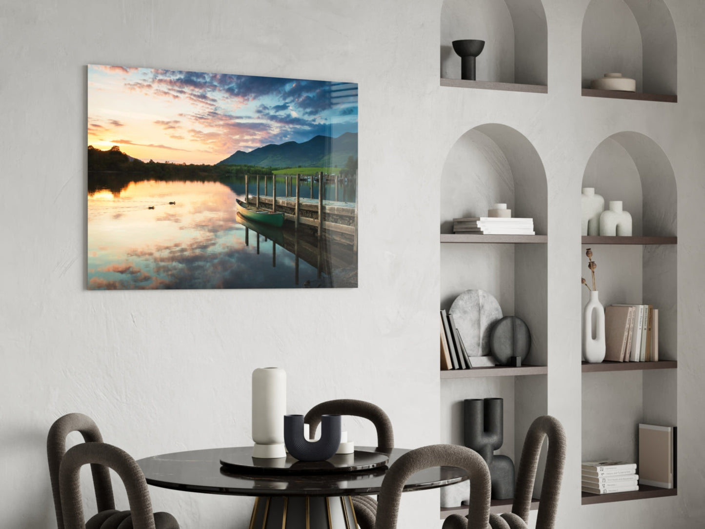Green Canoe At Dusk Lake Dock Glass Wall Art