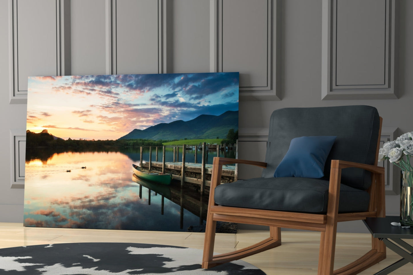 Green Canoe At Dusk Lake Dock Glass Wall Art